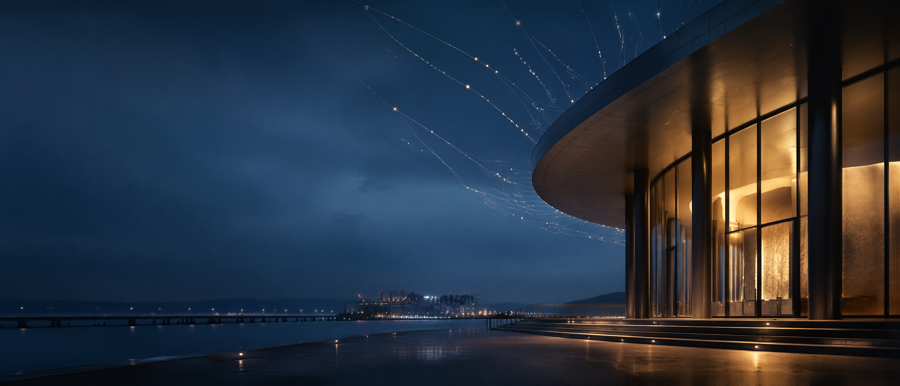 Contemporary built environment connected by restrained illuminated infrastructure lines